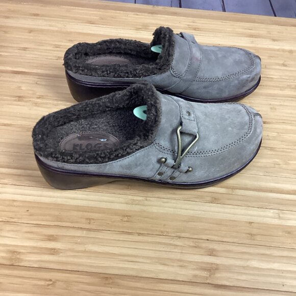 Klogs Womens Clogs Gray Suede Faux Fur Trim Slip On Wedge 11M - Picture 7 of 10